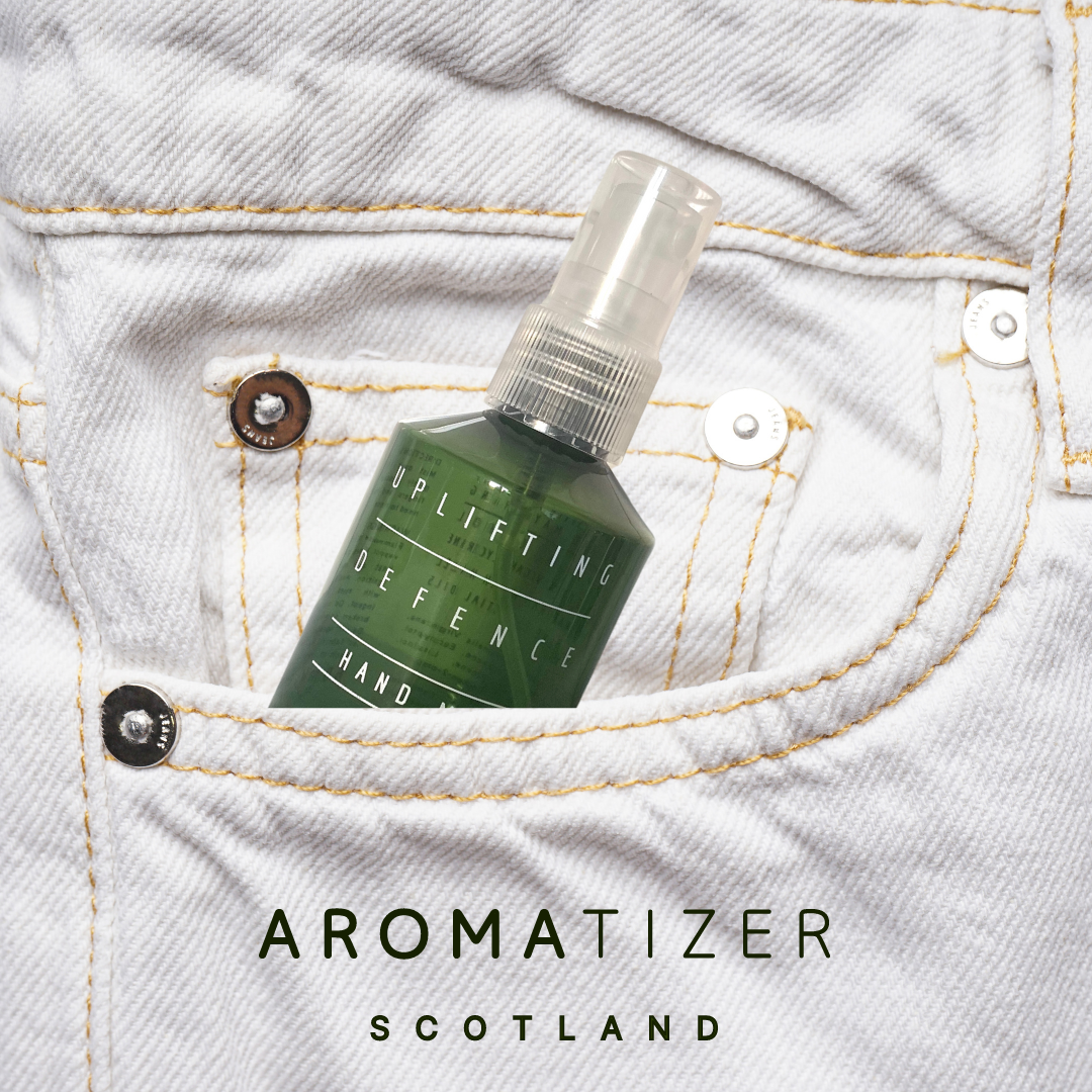 Our very eye catching 60ml bottle of Aromatizer fits nicely into your pocket. Perfect for cleansed hands on the go. Aromatizer Scotland. Uplifting Defence Hand Mist.